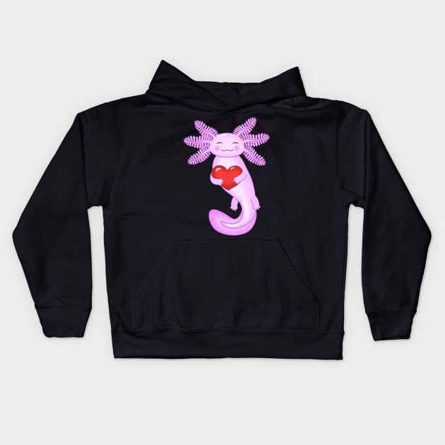 Purple axolotl holding a big red heart Kids Hoodie by Purrfect